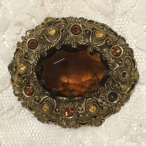 Vintage W Germany Brooch Gold Tone Brown Yellow Rhinestones Filigree *Read